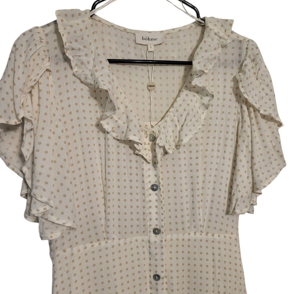 Bohme Ruffle Neck Polka Dot Flutter Sleeve Button Front Boho Midi Dress, L NEW - Picture 4 of 16
